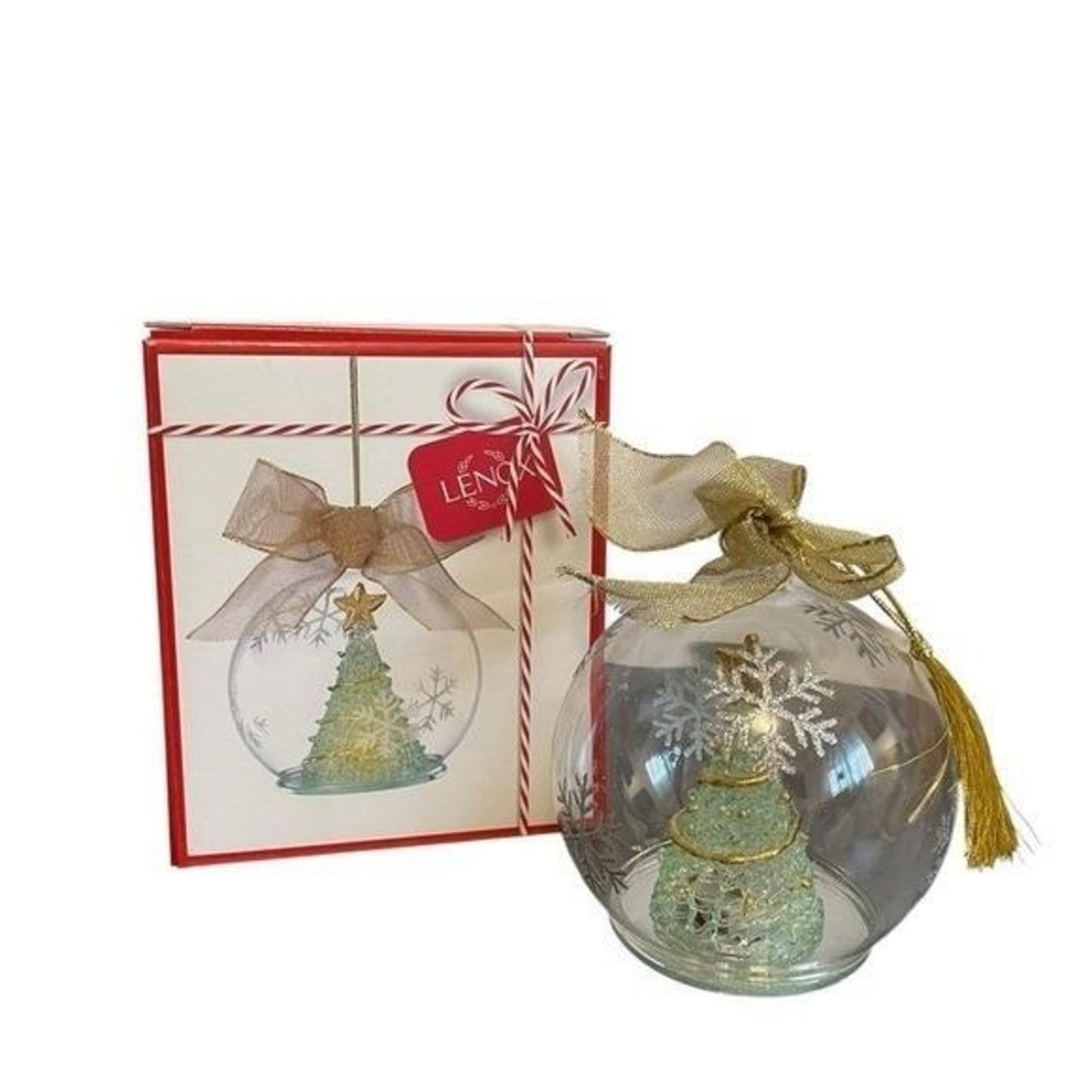 Lenox Wonder Ball Lit Tree Ornament Green Glass Gold Bow Snowflake 4.75 Boxed